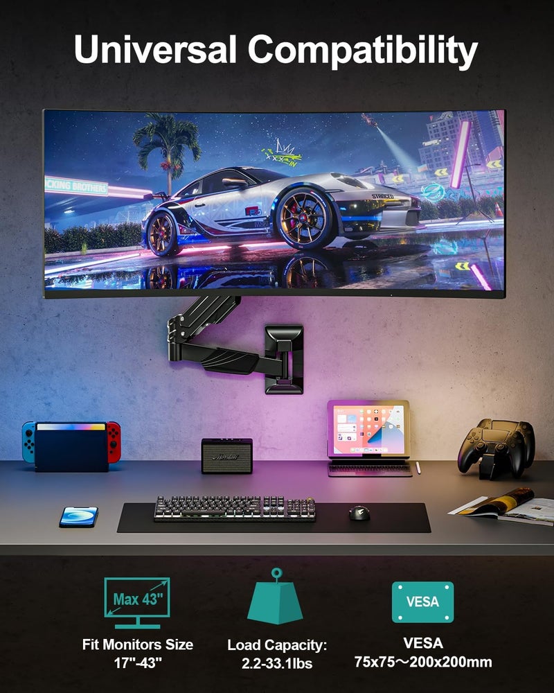 MOUNT PRO Monitor Wall Mount for 17-43" Ultrawide Screens, Single Wall Mount Monitor Arm Holds up to 33.1 lbs, Full Motion Adjustable Wall Bracket with VESA Extension Kit, VESA Mount Max 200x200mm - Image 2